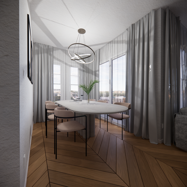 Designed dining table area with marble table and big light fixture