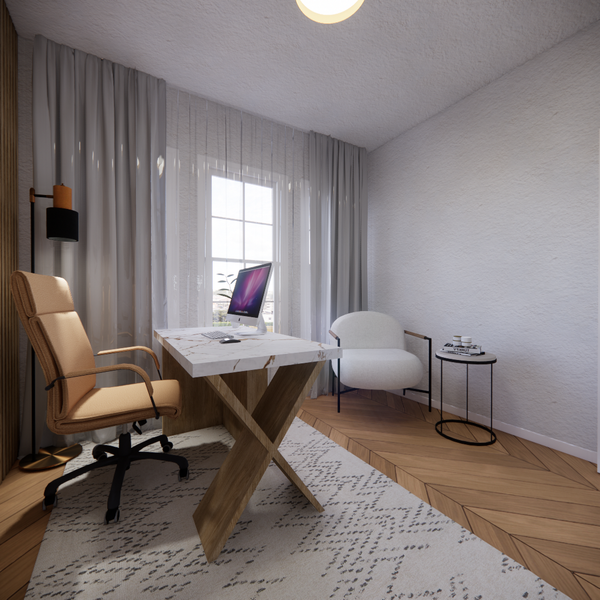home office with leather chair, wooden floor, an area rug and a custom desk 