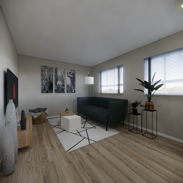 small living room with green soft sofa, wooden floor, small area rug and plants