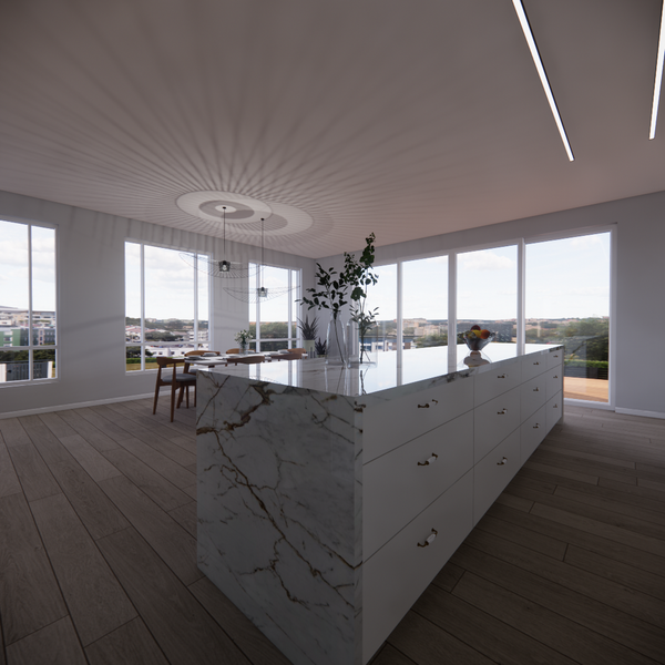 Large kitchen island with marble waterfall, wooden floor and floor to ceiling windows