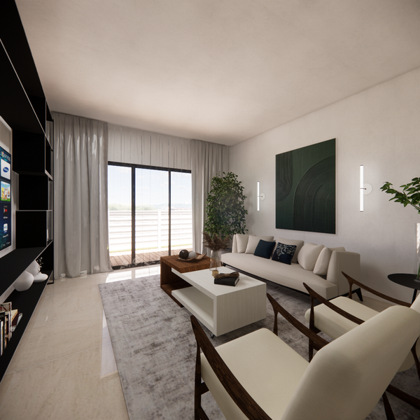 Modern living room with neutral tones, featuring a white sofa, two armchairs, large green artwork, and natural light from sliding glass doors.
