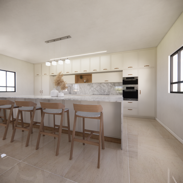 well designed kitchen with bright colors and wood accent with wooden chairs and calm lightin