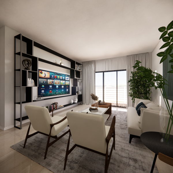 Modern living room with minimalist furniture, built-in TV wall, and large glass doors overlooking greenery.