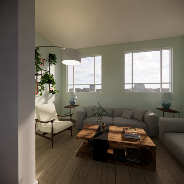 small living room with gray sofa and white armchair, big wooden coffee table and wooden floor