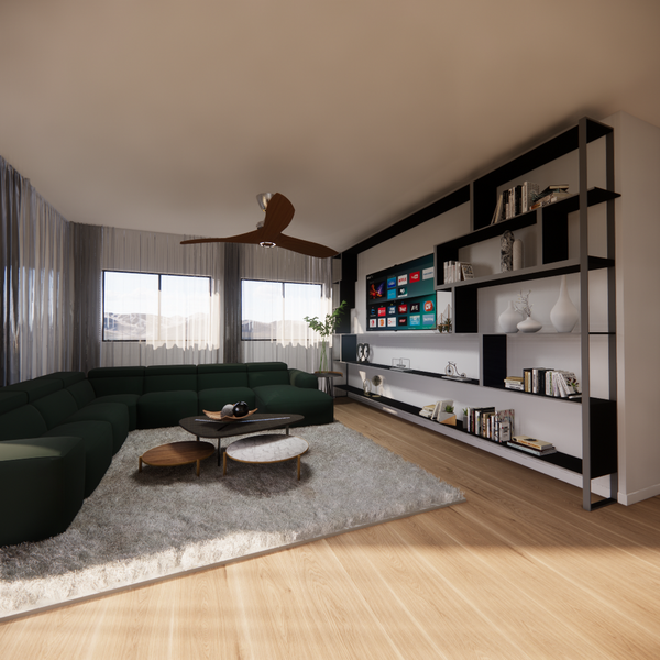 Large living room with green sofa, custom tv wall and wooden floor