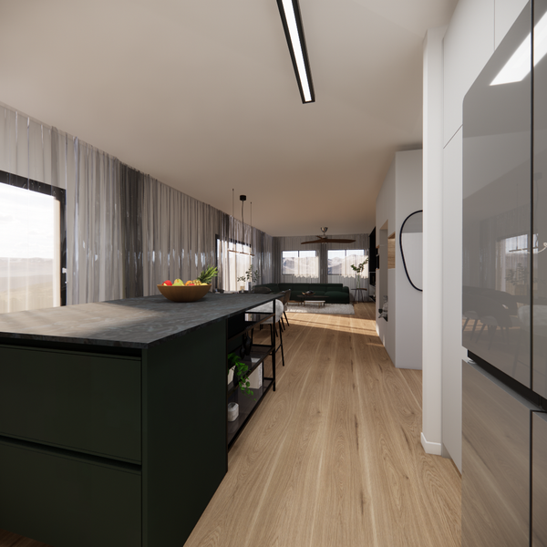 Open space concept with green sofa, dining table and big green kitchen island with wooden floors