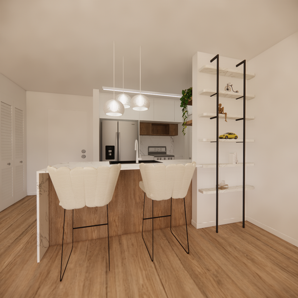 Modern kitchen with a marble island, bar stools, and open shelving decor.