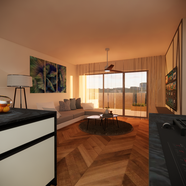 Open space concept with large kitchen and large living room with wooden floor