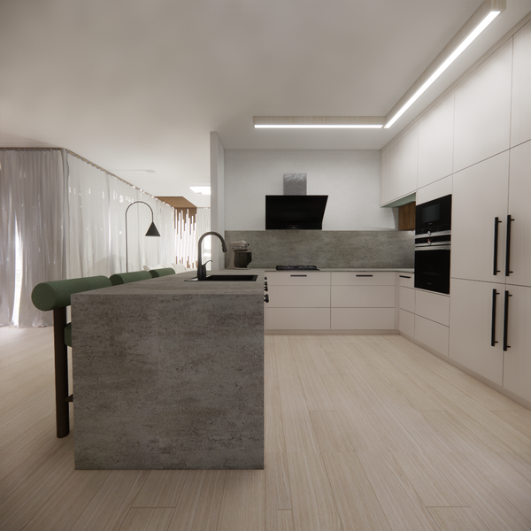 Modern kitchen with light wood flooring, matte white cabinetry, a textured concrete island with integrated sink, and green upholstered bar stools.