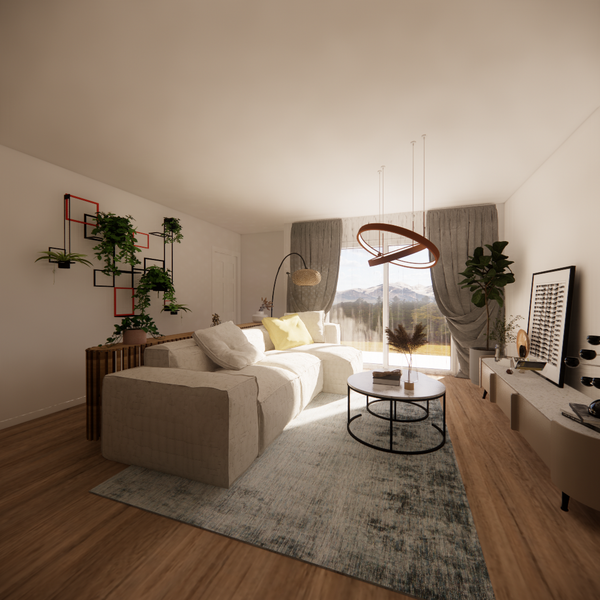 Cozy living room with a large beige sofa, indoor plants, modern lighting, and a mountain view through sheer curtains.