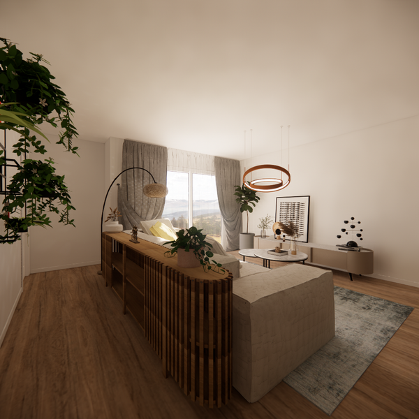 Stylish living room with a beige sectional, wooden console, modern lighting, and large windows with mountain views.