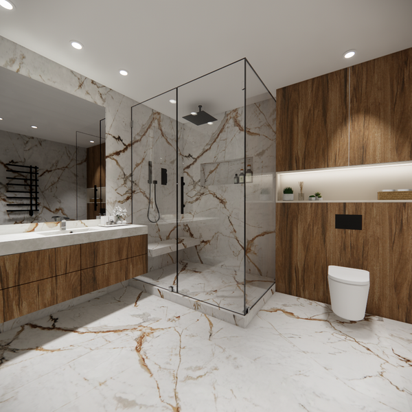Modern bathroom with marble flooring and marble wall. Glass shower doors and wood cabinets.
