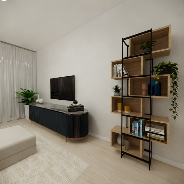 Modern living room with a black TV console, open wood shelving, and minimalist decor including books, plants, and ceramics.