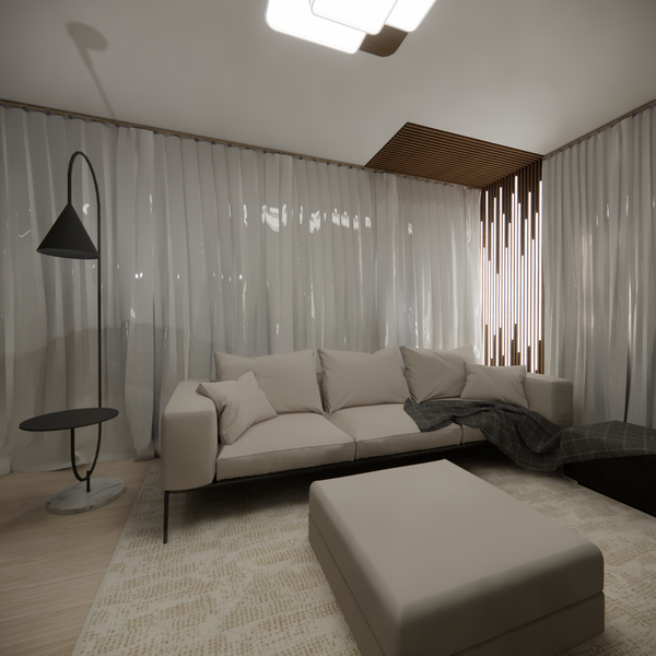 Contemporary living room featuring a light beige sectional sofa, matching ottoman, sheer floor-to-ceiling curtains, and a cozy throw blanket.