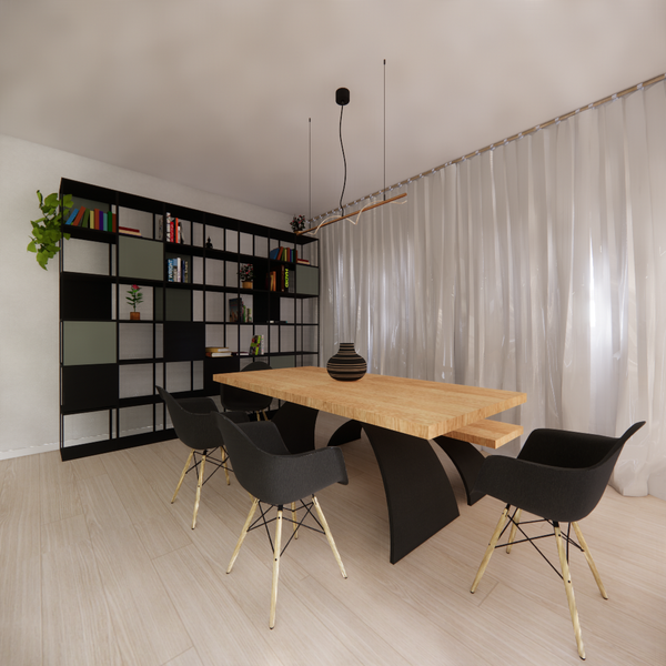 Modern dining area with a light wood table on sculptural black legs, surrounded by black chairs with wooden legs, and a large black shelving unit styled with books and plants.