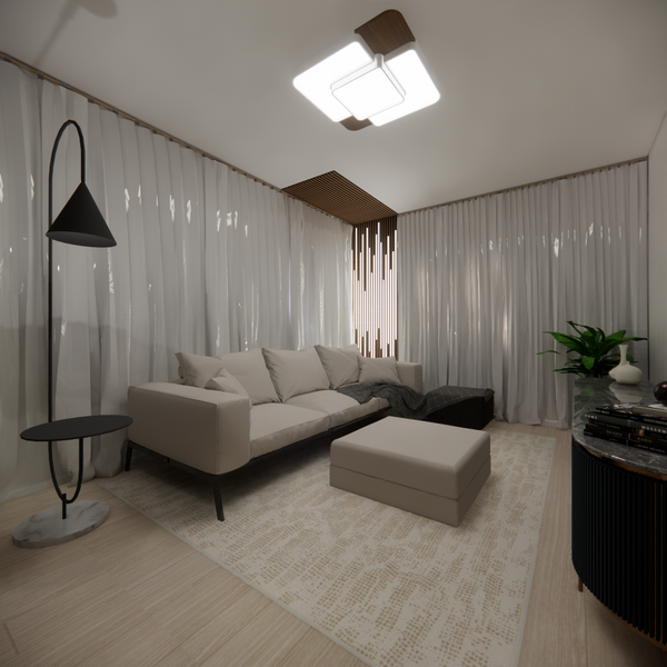 Cozy living room with a light beige sofa, matching ottoman, sheer curtains, a modern floor lamp, and soft ambient lighting.