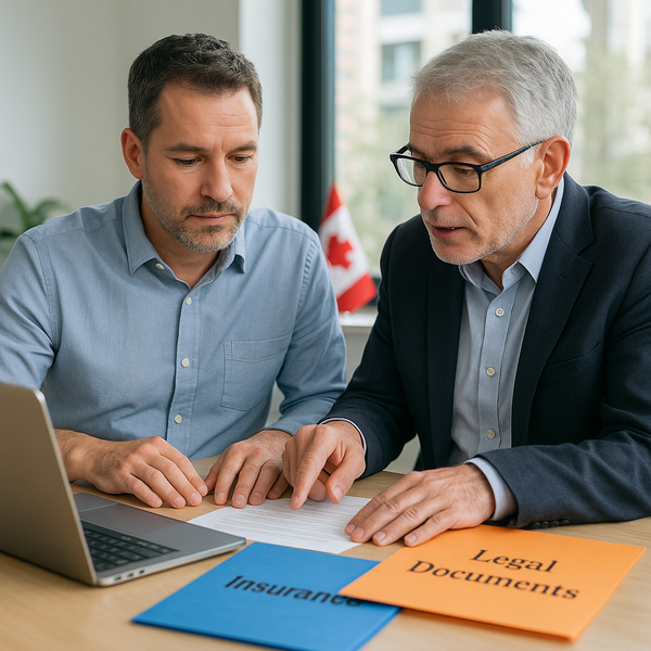Canadian small business owner reviewing legal and insurance documents with an advisor in a modern office setting.