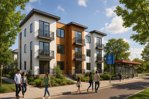 Modern multi-unit housing near a transit station in a walkable suburban neighborhood, with trees and pedestrians visible.