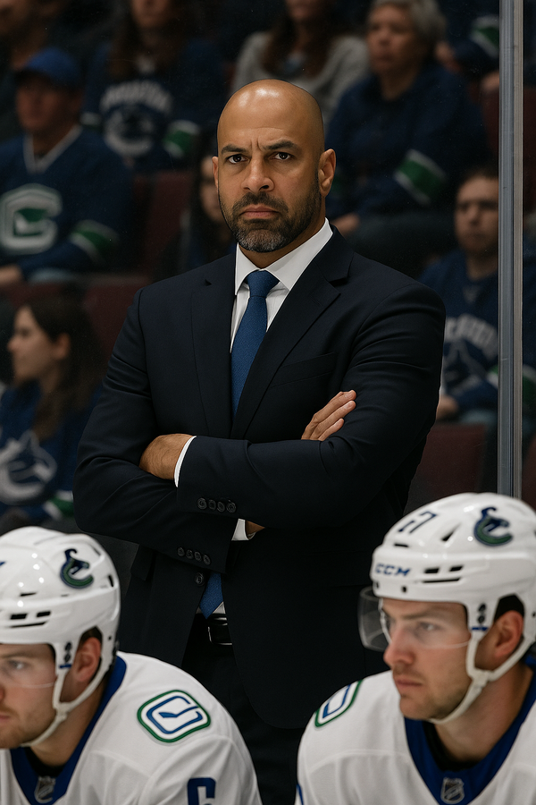 Manny Malhotra behind the bench with the Abbotsford Canucks, arms crossed, focused expression during Calder Cup Finals.