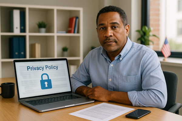 Business owner reviewing a privacy policy on a laptop with a padlock icon and legal documents nearby, representing data protection compliance.