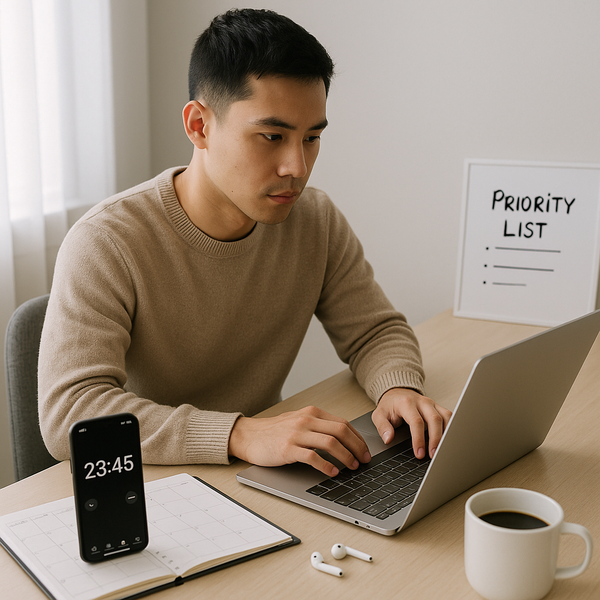Focused entrepreneur working at a clean desk with a planner, laptop, and timer, representing time management and productivity for side hustlers.