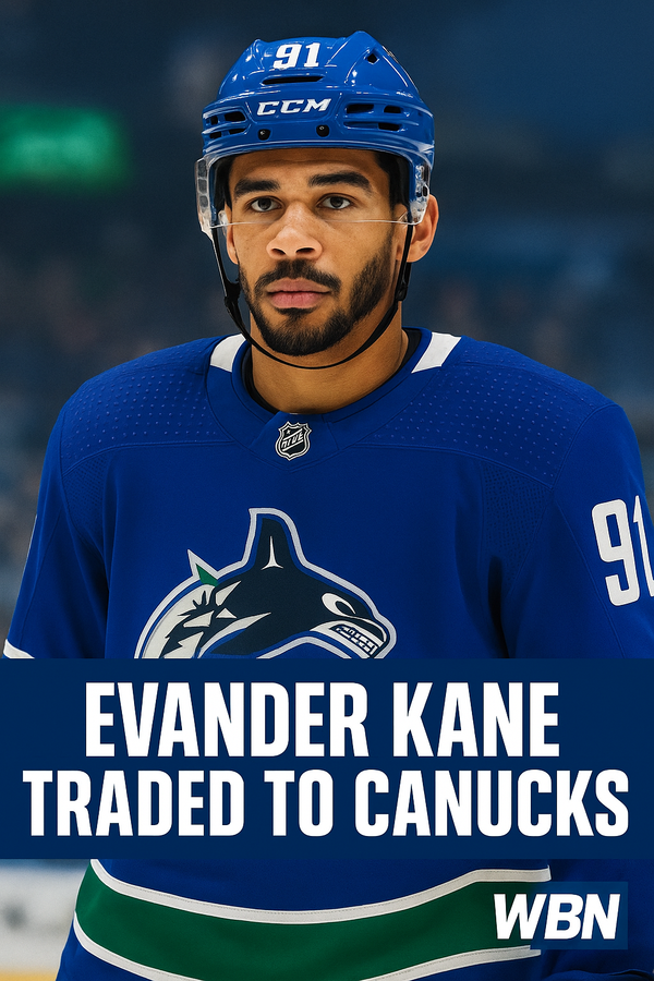 Stylized hockey player in blue and green with bold text: “Breaking: Hometown Hero Returns” in front of a cheering crowd and West Coast-themed arena.