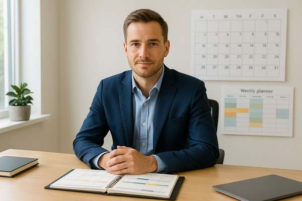 Entrepreneur planning a weekly schedule at a clean desk with a focus on structure and time management.