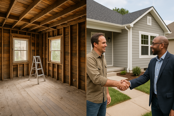 Split image of a home under renovation and completed house with two men shaking hands in front of the finished property.