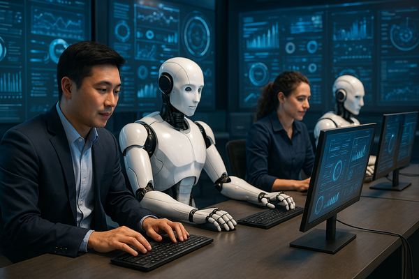 Humans and humanoid robots working together at digital desks in a futuristic tech office with data displays in the background.