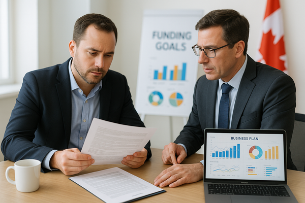 Business owner reviewing a funding agreement with an advisor in a bright office, planning to raise capital legally.