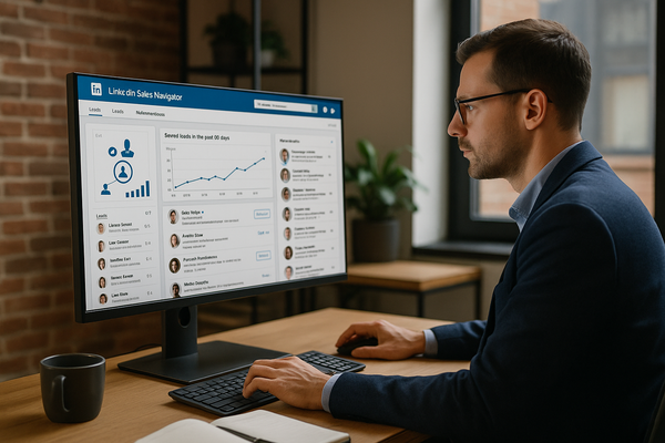 A focused businessman in a navy blazer uses LinkedIn Sales Navigator on a widescreen monitor at a modern office desk, analyzing lead profiles and performance graphs.
