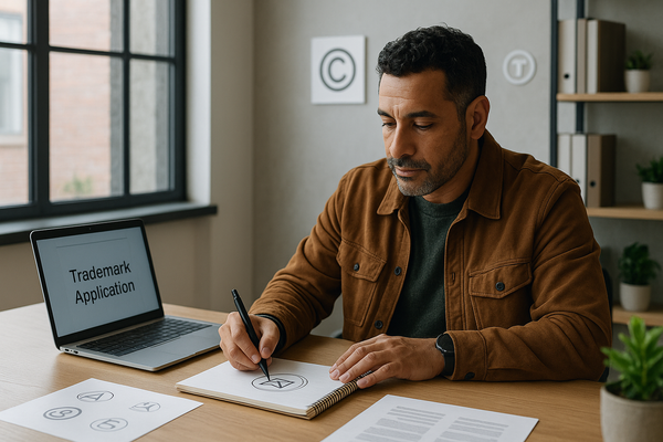 Entrepreneur working on branding materials at a desk, reviewing intellectual property documents on a laptop.