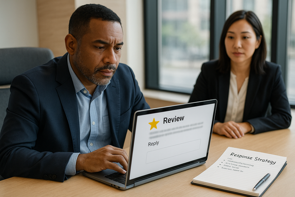 Business owner reviewing a negative online review on a laptop while preparing a thoughtful response in a professional office setting.