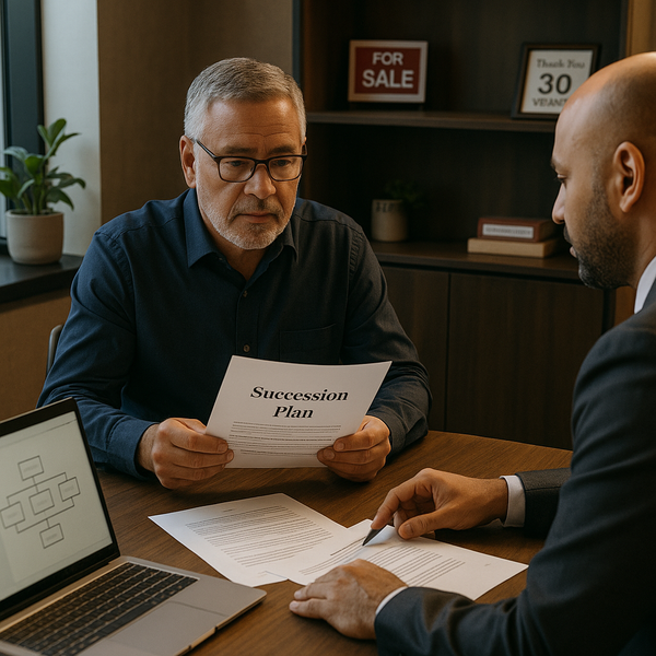 Older business owner reviewing exit documents with an advisor, preparing for business sale or retirement in a modern office setting.