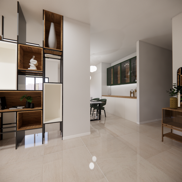 Modern interior with open shelving, glossy floors, and a sleek dining area.