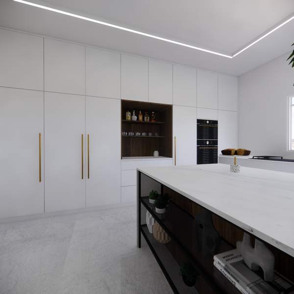 A sleek modern kitchen with tall white cabinets, built-in shelving, black double ovens, and a large island with open shelving and decorative items.