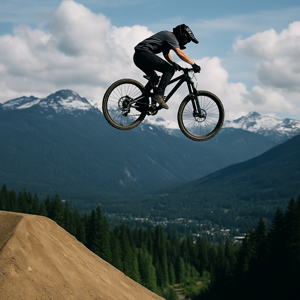 Mountain biker mid-air over a dirt jump with mountain scenery in Whistler.