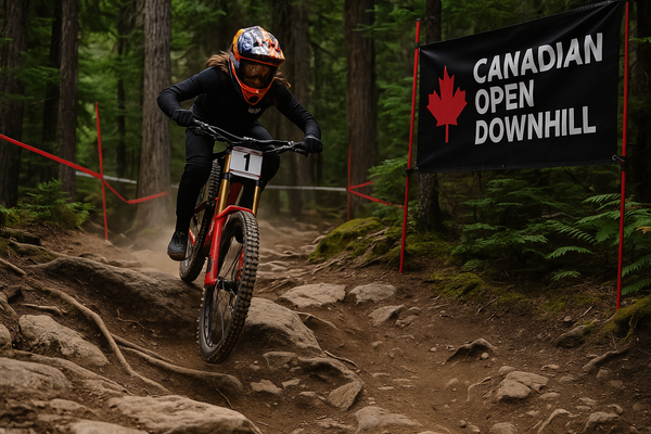 Downhill racer on rocky trail at Canadian Open Downhill in Whistler.