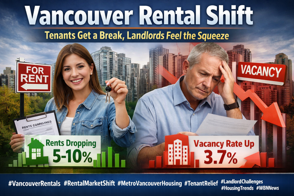 Split image showing Vancouver rental market shift with tenants benefiting from falling rents and landlords facing higher vacancy rates across Metro Vancouver.