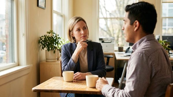 Two business colleagues having a conversation in an upstairs office, sitting across from each other over a small wooden table.