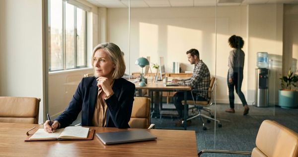 Professionals in a modern office conference room with natural light illustrating the leader-employee confidence gap in AI