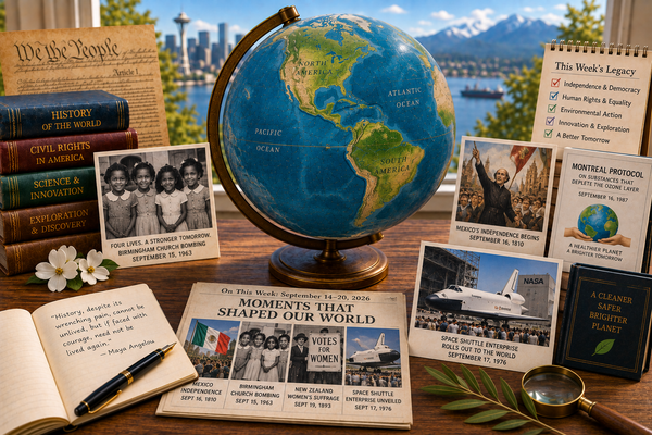 Globe with images of Mexican independence, women’s suffrage, civil rights and Space Shuttle Enterprise