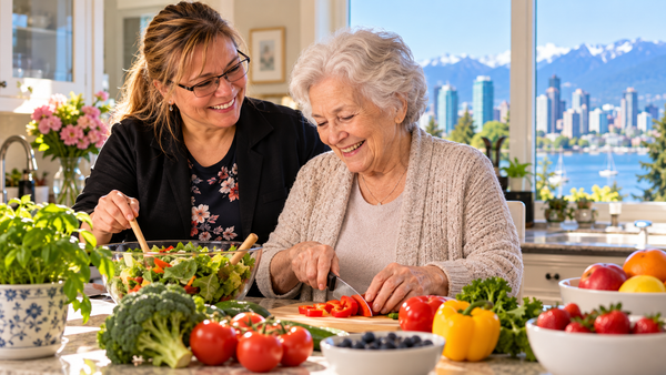 Senior and caregiver prepare a healthy meal together at home