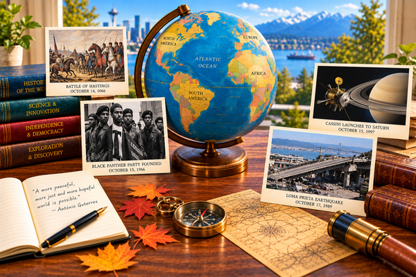 Antique globe with historical images of the Battle of Hastings, Black Panther Party, Cassini and Loma Prieta earthquake