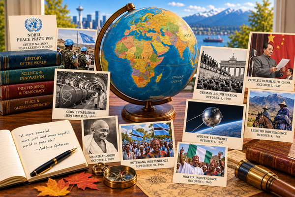 Antique globe with historical images of German reunification, African independence, Gandhi and Sputnik 1