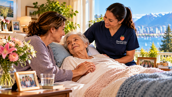Older adult rests comfortably while a loved one offers gentle companionship.
