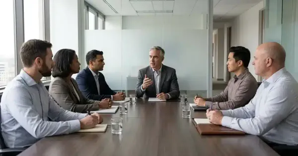 Six people are sitting around a boardroom table, only one person at the table talking. 