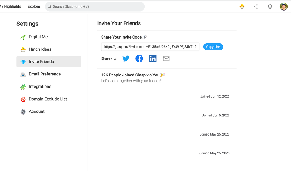 How to see the number of people you invited to Glasp?