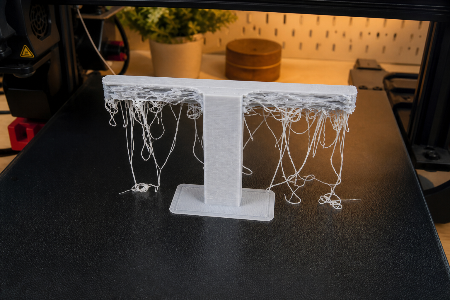 Failed print showing floating layer spaghetti