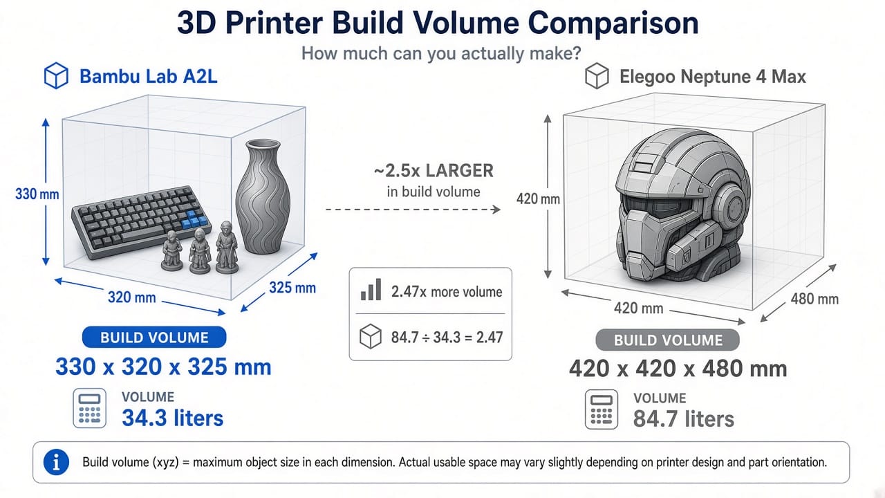 bambu lab a2l vs elegoo neptune 4 max volume comparison
